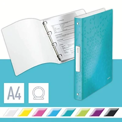 Image of Leitz 4 Ring Binder, Holds up to 190 Sheets, Wow Range, , 25 mm Spine, 42580051 A4, Ice Blue