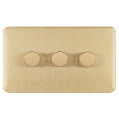 Image of Schneider Electric Lisse Screwless Deco 3 Gang Universal 2 Way Dimmer Light Switch, 250W/VA, GGBL6032CSBS, Satin Brass