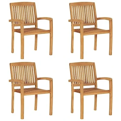 Image of vidaXL 4x Solid Teak Wood Stacking Garden Chairs Wooden Armchairs Home Household Furniture Seats Dining Outdoor Seating