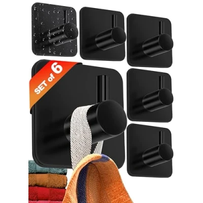Image of 4smile Self Adhesive Hooks Set of 6, Black Waterproof Sticky for Hanging Towels, Bathroom Towel Hooks, Tea Stick on