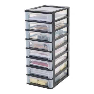 Image of Iris Ohyama Plastic Storage Drawers Unit, 8 Shallow Drawers, Black, Easy Pull A4, A5 &amp; A6 Format, File Organiser, For Office, School, Stationary, BPA Free, Chest, Tower, OCH 2080