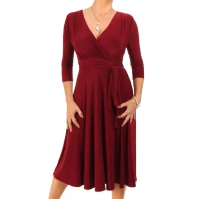 Image of Blue Banana Women&#039;s V Neck Fit &amp; Flare Knee Length Dress Wine Size 14