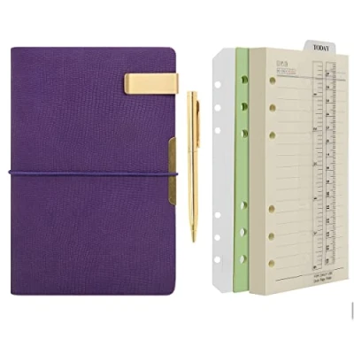 Image of Wonderpool A6 Leather Diary Lined Paper Notebook &amp; Pen Refillable 6 Ring Binder Writing Spiral Journal for Office Travel Work and Plan Agenda (b Purple, A6)