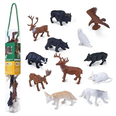 Image of MOJO Woodland Figure Mini Worlds Tube 12pc Deer, Eagle, Badger, Boar, Mouse, Wolf, Fox, Owl Hand Painted Toy Collection True to Life &amp; Highly Detailed Designed in UK