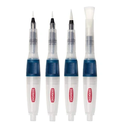 Image of Derwent Push Button Assorted Size Waterbrush Set, contains 4 x premium watercolour brushes for use with pencils, paints and blocks, leak proof, professional quality, 2305816