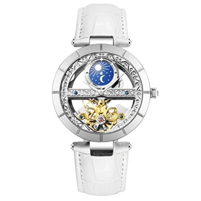 Image of RORIOS Women Watches Mechanical Watch Leather Band Automatic Self Winding Wristwatch Moon Phase Luminous for Ladies
