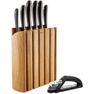 Image of Robert Welch Signature Book Oak Knife Block Set. Includes: Carving 23cm, Bread 22cm, Santoku 11cm, Cook’s 18cm, Kitchen 14cm, Paring 10cm, Hand Held Sharpener