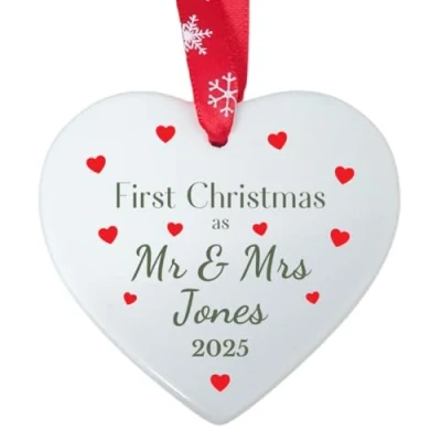 Image of Second Ave Personalised First Christmas as Mr &amp; Mrs White Ceramic Hanging Heart Xmas Tree Decoration Bauble