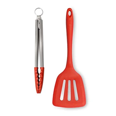 Image of Zeal JSET3R Non Stick Silicone Cooking Turner &amp; Food Tongs 2 Piece Set Red