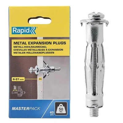 Image of Rapid Hollow Wall Anchors, Pack of 40 Heavy Duty Metal Plasterboard Fixings for 6 21 mm Thickness, 50 kg Load, Cavity Fixings, Plugs, &amp; Chipboard Plugs (5001567)