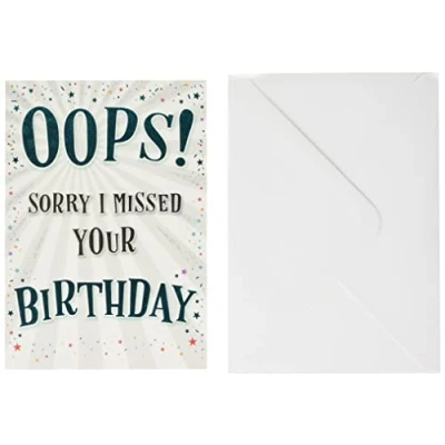 Image of Piccadilly Greetings Modern Belated Opps Sorry Missed Your Birthday Card 7 x 5 inches, whiteblackgoldgrey