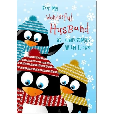 Image of doodlecards Husband Christmas Card Three Penquins Large A4 Size for with Plain Envelope