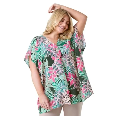 Image of Roman Curve Womens Tropical Print Pleat Front Top Green Size 18 UK