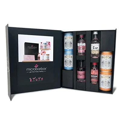 Image of MicroBarBox Pink Gin Gift Set with Tonic in a Premium Luxury Box for Women including Gordons, Beefeater, Real English Ruby&#039;s Gins, Edinburgh Rhubarb &amp; Ginger