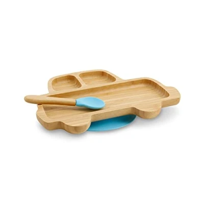 Image of BIOZOYG Bamboo Plate Set Car I Suction Cup with Spoon FSC Certified Cute Wooden Bowl Toddler Kids &amp; Snack Baby Tableware Blue