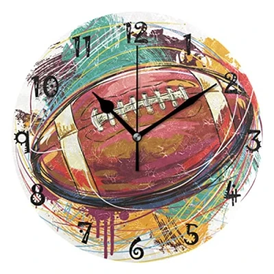 Image of Sawhonn Sport Rugby Football Wall Clock Silent Non Ticking Battery Operated Round Clocks for Boys Girls Home Room Bedroom Kids