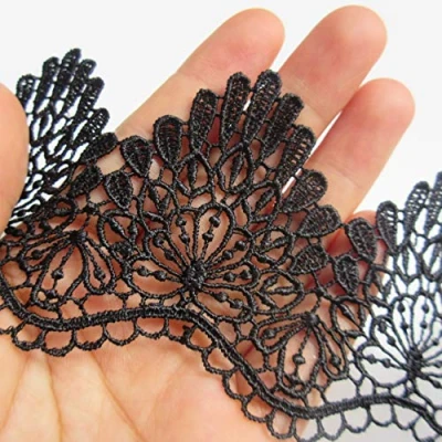Image of 2 Yard Flower Lace Edge Trim Ribbon 7 cm Width Vintage Style Edging Trimmings Fabric Embroidered Applique Sewing Craft Wedding Bridal Dress Embellishment DIY Party Decor Clothes Embroidery (Black)