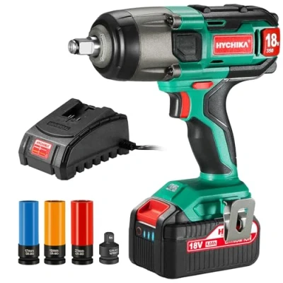Image of HYCHIKA Impact Wrench, 18V 4.0Ah Battery, Cordless Driver 350Nm, 3000IPM Frequency, 3pcs Sockets for 17/19/21mm, Adapter 10mm Mandrel