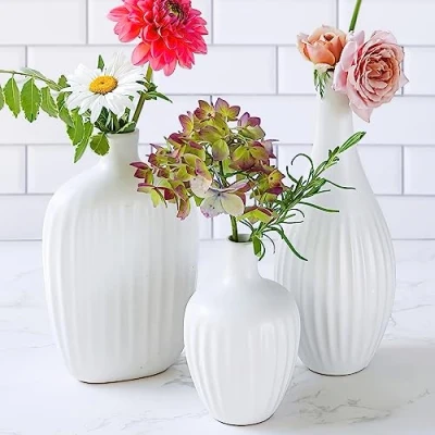 Image of Textured Ceramic Minimalist White Vases (Set of 3) Boho for Pampas Grass, Eucalyptus, Dry Flowers &amp; Plants Shelf Decoration, Mantel Decor, Table Centerpiece