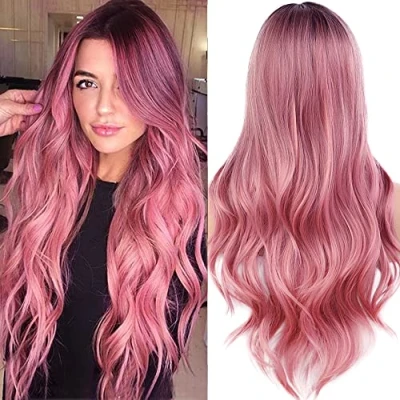 Image of PORSMEER Wigs for Women Long Pink Pastel Wavy Curly Synthetic Hair Ombre Wig with Dark Roots Heat Resistant Natural Looking 24 inch Daily Use or Cosplay Party