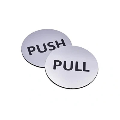 Image of Pair of Circular Metallic Push &amp; Pull Adhesive Door Signs Generic Sign For business, restaurants, bars, hotels, schools, cafe. Strong Backing A Stick And Signs.