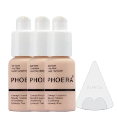 Image of Glamza Phoera Foundation Full Coverage Makeup Set 24hr Long Lasting Oil Control Soft Smooth Matte Flawless Concealer Cream Inc x3 30ml &amp; Silicone Blender Sponge (102 Nude)