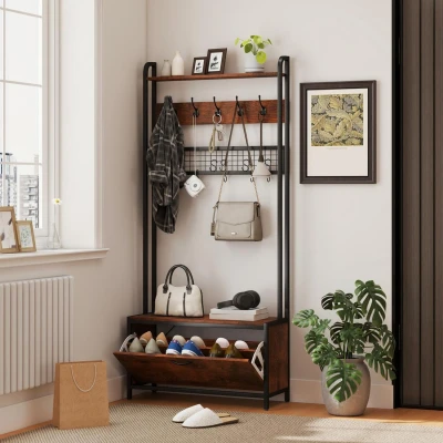 Image of HOMCOM Industrial Hall Tree Coat Rack Stand with Shoe Cabinet Rustic Brown