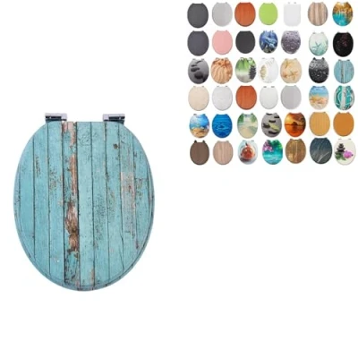 Image of 18&quot; MDF Toilet SEAT Universal Adjustable Fit Most Toilets Oval Seat┃Bathroom Standard Wooden WC +Fittings (Turquoise Plank)