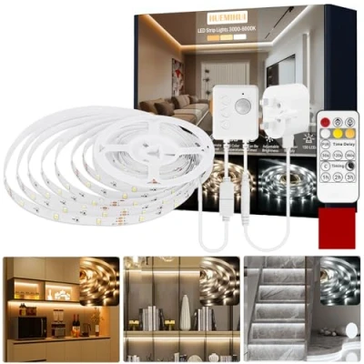 Image of HUEMIHUI Motion Sensor LED Strip Lights, 5M White Lights with Remote &amp;Timer, Dimmable Warm Daylight Cool 3000K 6000K 12V Tunable for Indoor Bed Wardrobe Stair