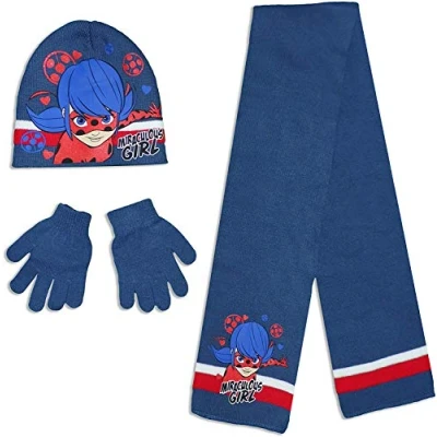 Image of Miraculous ladybug Girls Hat Scarf Gloves Set (54 cm, Navy Blue)