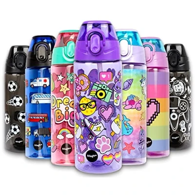 Image of Fringoo 600ml Kids Water Bottle with Straw &amp; Fliptop Lock 100% Leakproof BPA Free for School Rainbow Smile