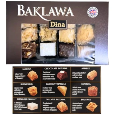 Image of Baklava Pastries Sweets Tray Dina Baklawa Chocolate Hazelnut Almond Macadamia Coconut Pistachio Cashew Filo Box (200g, 12 pieces)
