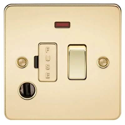 Image of KnightsBridge Flat Plate 13A switched fused spur unit with neon and flex outlet polished brass