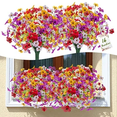 Image of SMALUCK Artificial Violet flowers Outdoor, UV Resistant Plants Faux Plastic Greenery Shrubs Indoor Outside No Fade Fake Flower for Kitchen Home Wedding Office Garden Decor 16 Branches