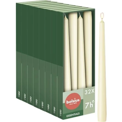 Image of Bolsius Smooth Taper Candles Ivory Pack of 32 Decorative Household Burning Time 7 Hours Unscented Contains Natural Vegan Wax Without Palm Oil 24.5 cm