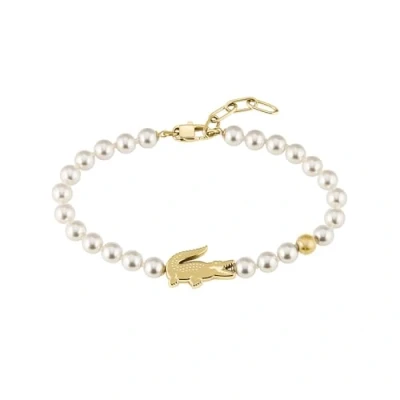 Image of Lacoste For Men and Women MATCHPOINT Collection Faux Pearls Necklace Bracelet with Different Charms in Yellow Gold Color Pearl Earrings a Crocodile