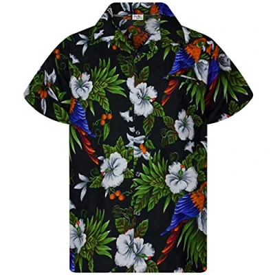 Image of King Kameha Mens JK Flowers Casual Aloha Hawaiian Shirt Parrots, Cherry Parrot, Black, 4XL
