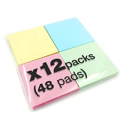 Image of 12 x 400 Quality Pastel Colours Removable Sticky Notes 76x76mm 48 Pads of 100 Sheets Blue, Pink, Green, Yellow
