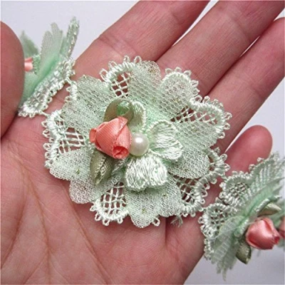 Image of 2 Yard Pearl Flower Lace Edge Trim Ribbon 4.5 cm Width Vintage Style Green Edging Trimmings Fabric Embroidered Applique Sewing Craft Wedding Bridal Dress Embellishment Decoration Clothes Embroidery