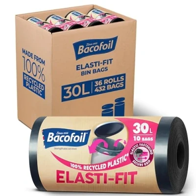 Image of Bacofoil Elasti Fit Bin Liners with Drawstring Handles 30L Leak Proof Bag Elastic Fastening for a Secure (36 Rolls, 432 Bags)