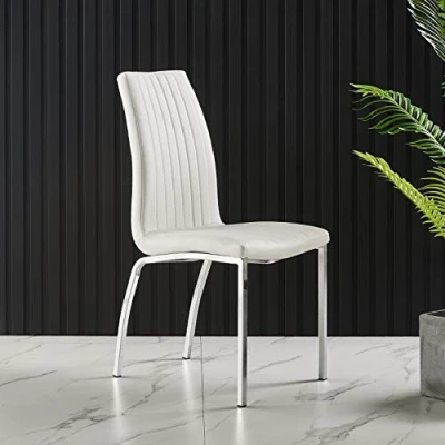 Image of FURNIZONE SET OF 2 MODALUX DINING CHAIRS FAUX LEATHER WITH CHROME METAL LEGS (White)