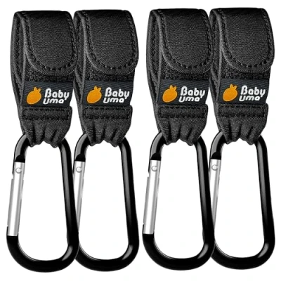 Image of Baby Uma Award Winning Buggy Clips 2022 Double Platinum Pushchair Accessories, Universal Pram Accessories &amp; Rollator Carry 5kg per Clip, Non Slip 4 Pack (Black)