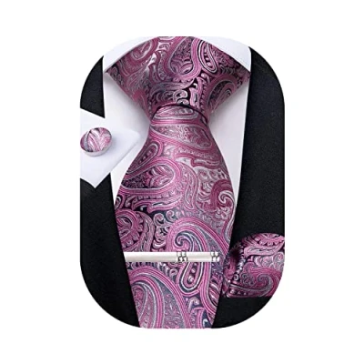 Image of DiBanGu Men&#039;s Christmas Pink Tie Silk Paisley Necktie Pocket Square Cufflink Clip Set Wedding Party