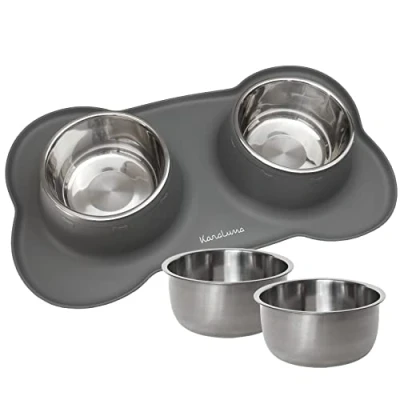 Image of KaraLuna Silicone Bowl Mat with Stainless Steel Feeding I for Cats and Dogs (850 ml, Grey)