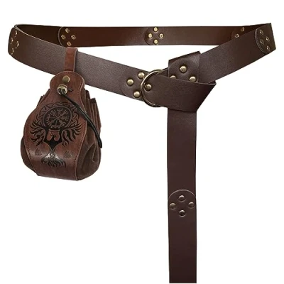 Image of HiiFeuer Medieval Rivets Belt with Portable Phoenix Drawstring Pouch, Retro Renaissance Faux Leather and Purse Set for LARP (Brown A)