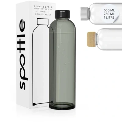 Image of spottle Glass Water Bottle (Black/Metal Lid, 750 ml)