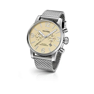Image of TW Steel Maverick Unisex Quartz Watch with Beige Dial Chronograph Display and Grey Stainless Bracelet MB3