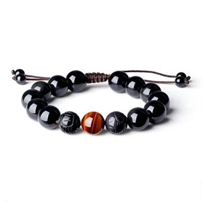 Image of COAI Pixiu Fengshui Bracelet Tiger Eye Black Obsidian Stone Beaded for Men
