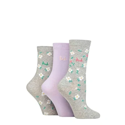 Image of Women&#039;s 3 Pair Pringle Patterned Cotton and Recycled Polyester Socks Floral Light Grey 4 8