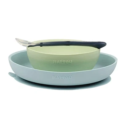 Image of Nattou Silicone Tableware for Children, 3 pcs., 1 spoon, plate, bowl, Non slip, BPA free, Silicone, Blue/Green